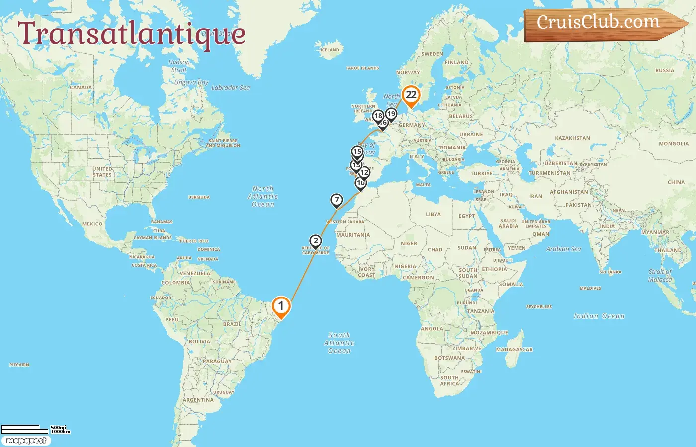 Croisière transatlantique de Maceió à Kiel à bord du navire Costa Diadema avec des escales au Brésil, en Espagne, au Maroc, en France et en Belgique pendant 22 jours