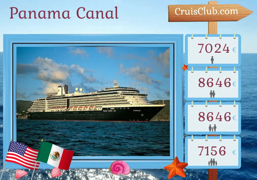 Cruise in the Panama Canal from Miami to San Diego aboard Zuiderdam ship with visits to USA, Colombia, Panama, Costa Rica, El Salvador, Guatemala, and Mexico for 28 days
