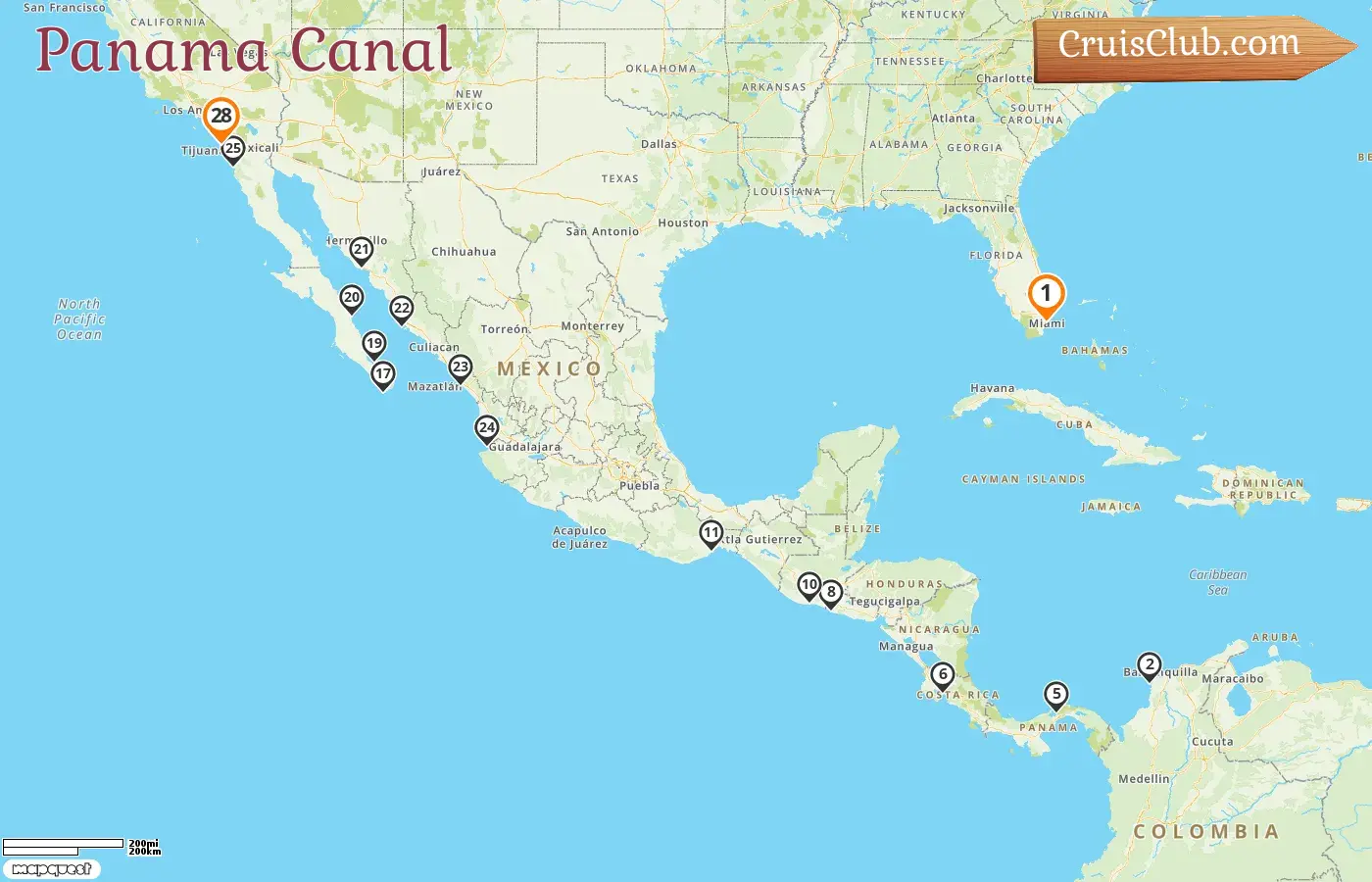 Cruise in the Panama Canal from Miami to San Diego aboard Zuiderdam ship with visits to USA, Colombia, Panama, Costa Rica, El Salvador, Guatemala, and Mexico for 28 days
