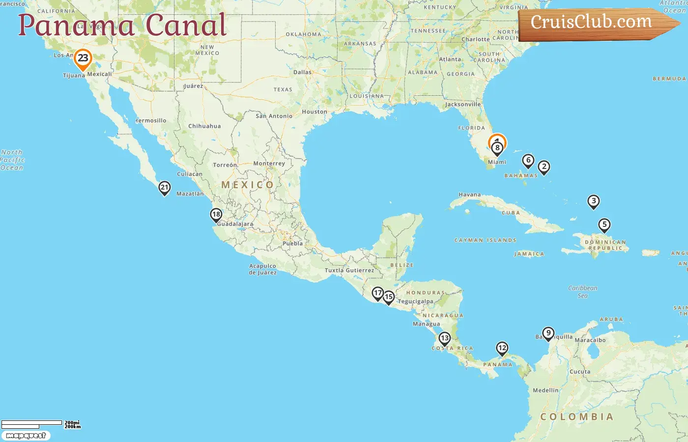 Cruise in the Panama Canal from Fort Lauderdale to San Diego aboard Eurodam ship with visits to USA, Bahamas, Dominican Republic, Colombia, Panama, Costa Rica, El Salvador, Guatemala, and Mexico for 23 days