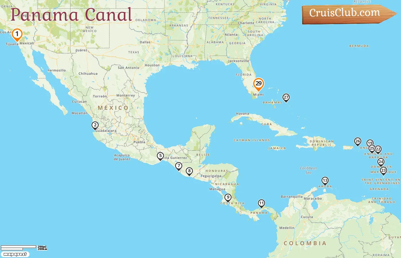 Cruise in the Panama Canal from San Diego to Fort Lauderdale aboard Koningsdam ship with visits to USA, Mexico, Guatemala, Costa Rica, Panama, Aruba, and Bahamas for 29 days