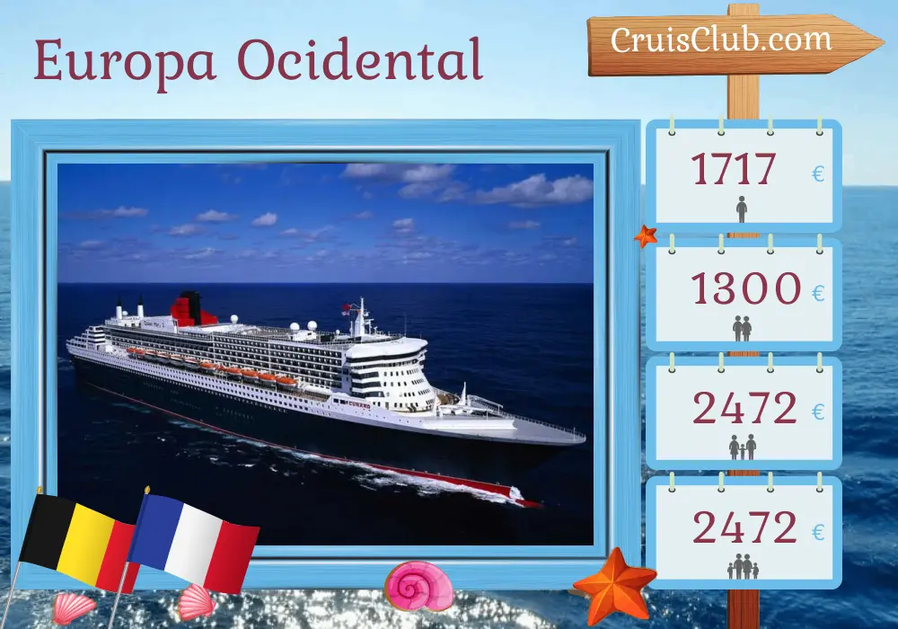 Cruzeiro na Europa Ocidental partindo de Southampton a bordo do navio Queen Mary 2 com visitas à Bélgica e França por 6 dias