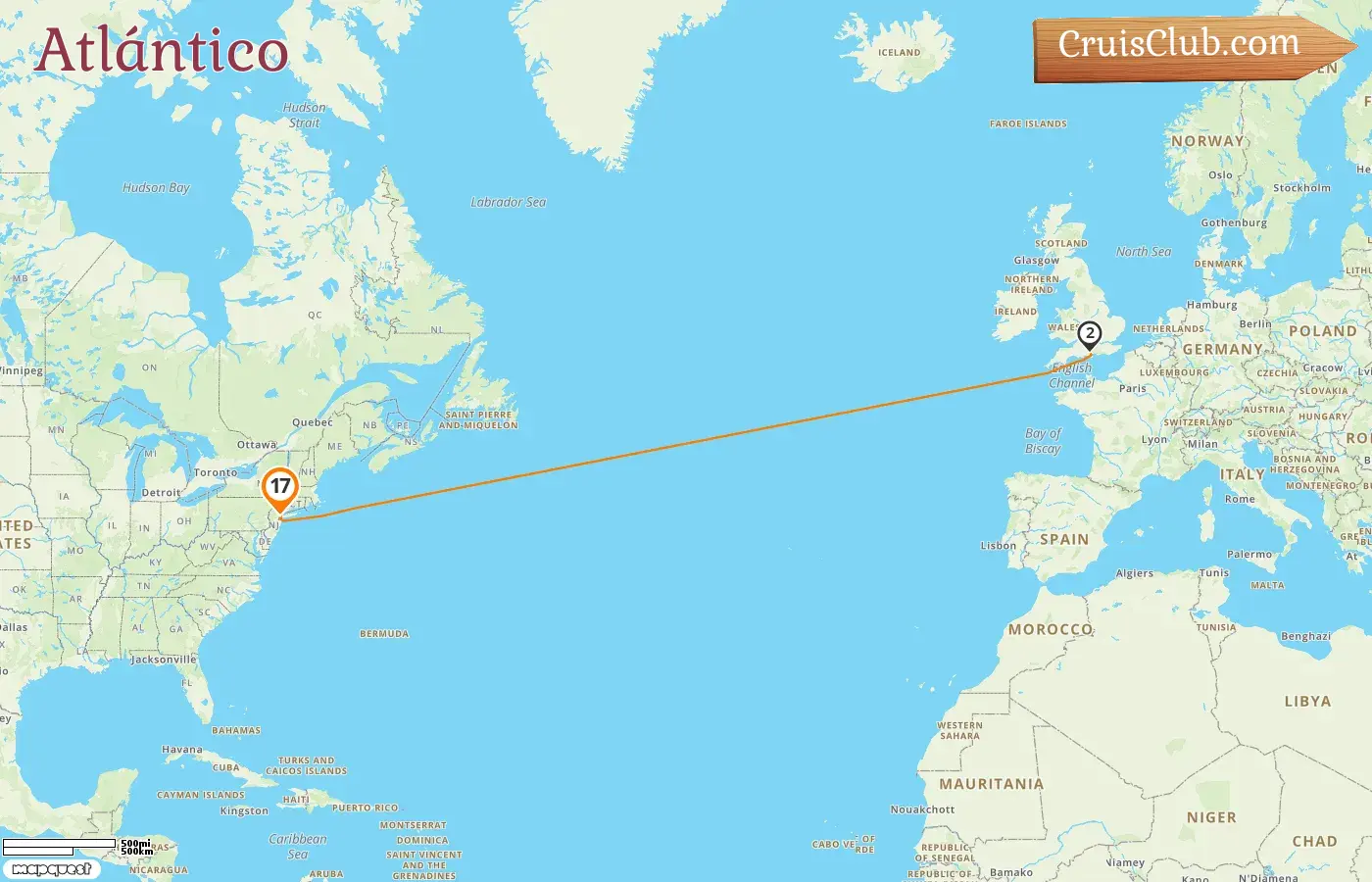 Crucero en el Transatlántico desde Nueva York a bordo del barco Queen Mary 2 con visitas a EE. UU. durante 17 días