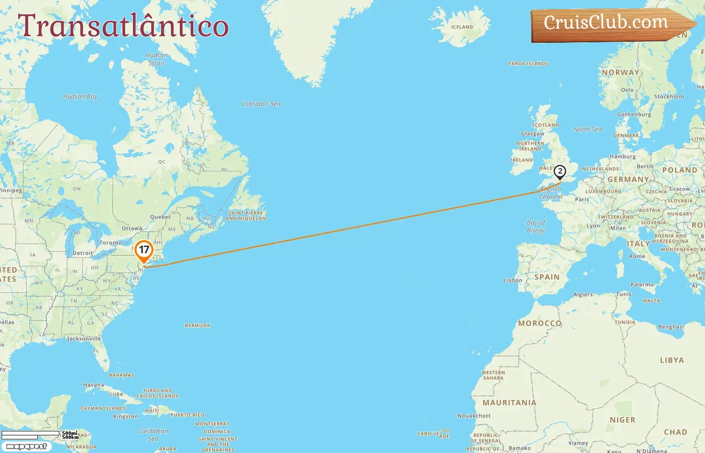 Cruzeiro no Transatlântico de Nova Iorque a bordo do navio Queen Mary 2 com visitas aos EUA por 17 dias