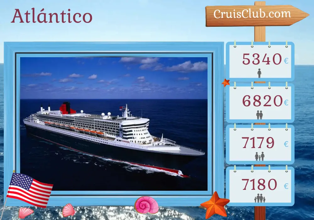 Crucero en el Transatlántico desde Nueva York a bordo del barco Queen Mary 2 con visitas a EE. UU. durante 17 días