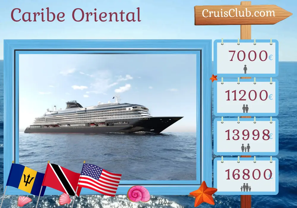 Cruzeiro no Caribe Oriental de Bridgetown para Miami a bordo do navio EXPLORA I com visitas a Barbados, Trinidad e Tobago, e EUA por 9 dias