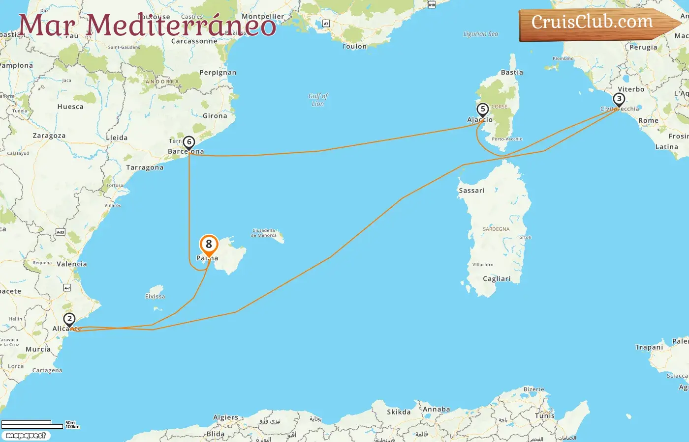 Crucero por el Mediterráneo desde Palma a bordo del barco AIDAcosma con visitas a España, Italia y Francia durante 8 días