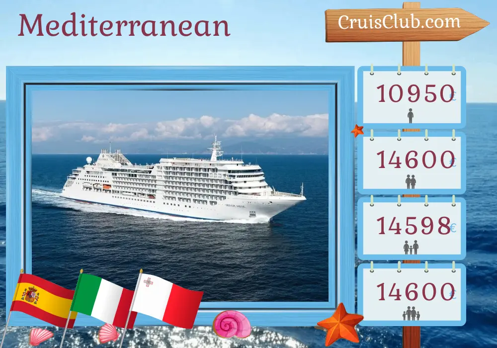 Cruise in the Mediterranean from Barcelona to Civitavecchia aboard Silver Muse ship with visits to Spain, Italy, Malta, and Tunisia for 11 days
