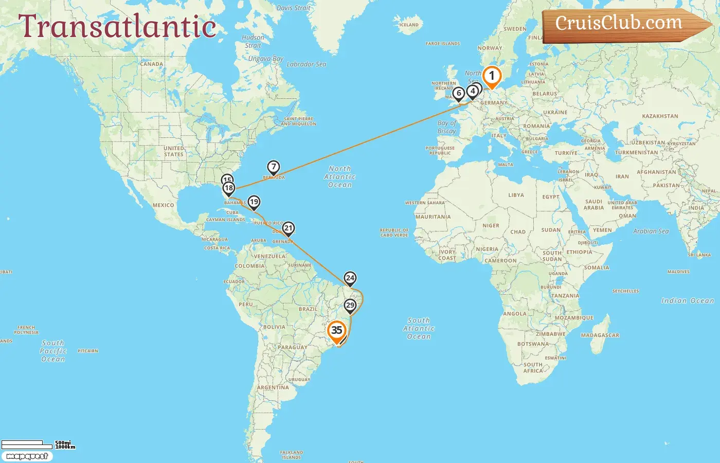 Cruise in the Transatlantic from Hamburg to Rio de Janeiro aboard Queen Anne ship with visits to Germany, Belgium, Bermuda, USA, Barbados, and Brazil for 35 days