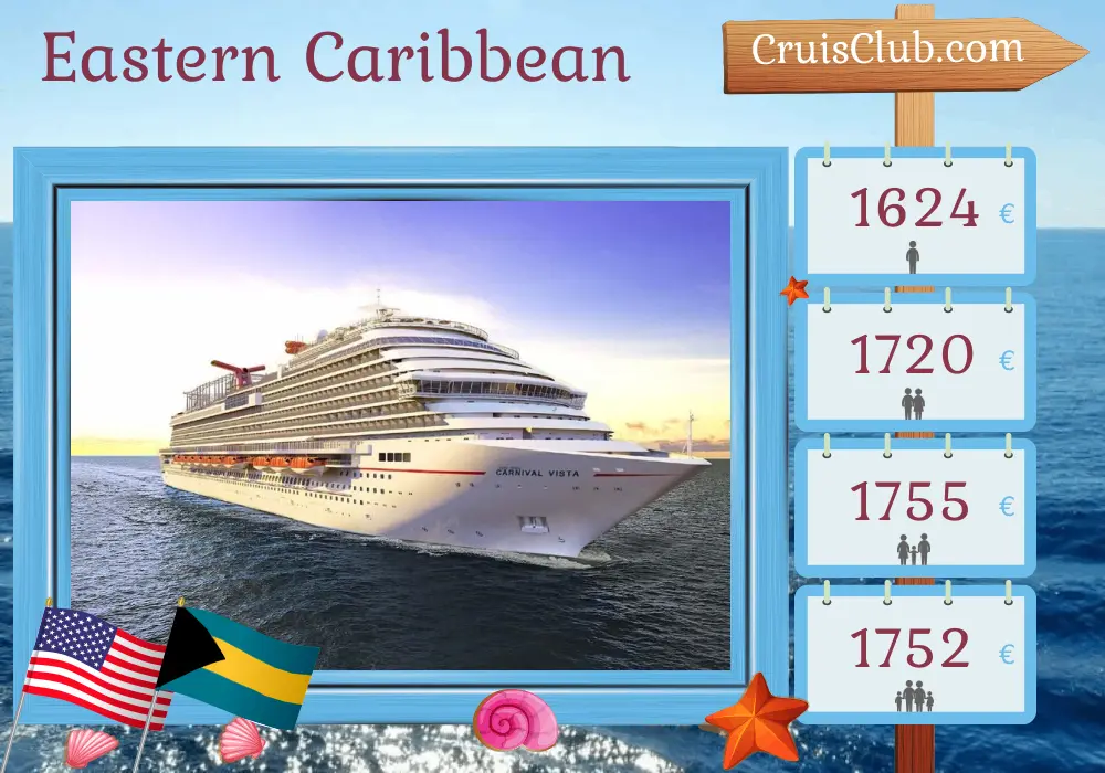 Kreuzfahrt in der östlichen Karibik ab Port Canaveral / Orlando an Bord des Carnival Vista-Schiffes mit Besuchen in den USA, der Dominikanischen Republik, Puerto Rico und den Bahamas für 9 Tage