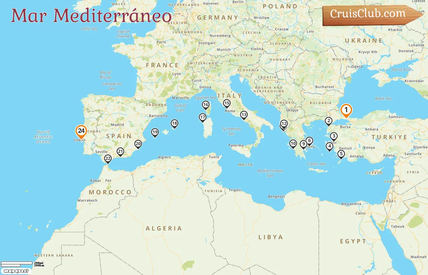 Crucero por el Mediterráneo desde Estambul hasta Lisboa a bordo del barco Seabourn Quest con visitas a Turquía, Grecia, Albania, Italia, Francia y España durante 24 días
