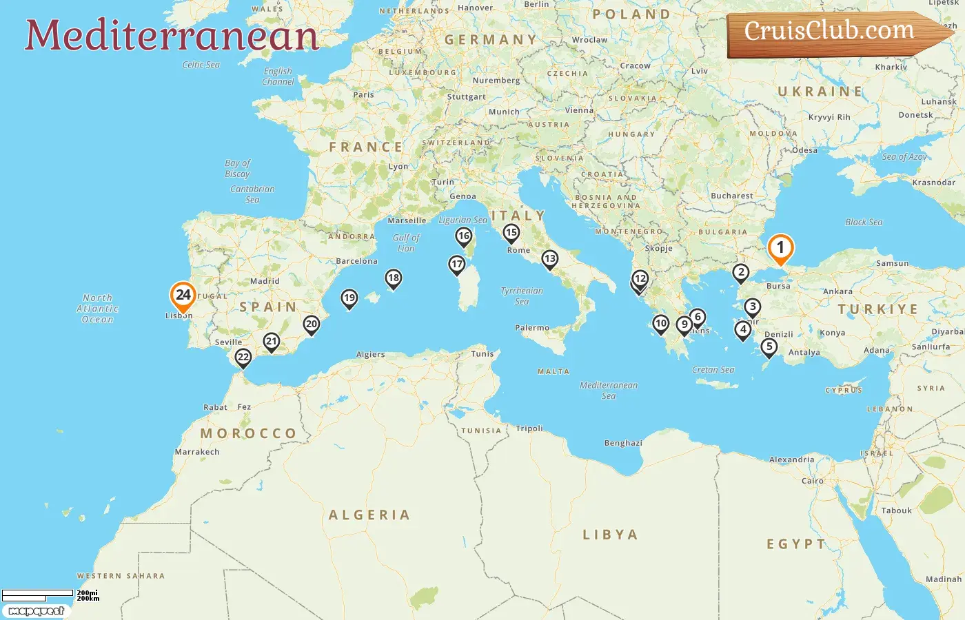 Cruise in the Mediterranean from Istanbul to Lisbon aboard Seabourn Quest ship with visits to Turkey, Greece, Albania, Italy, France, and Spain for 24 days