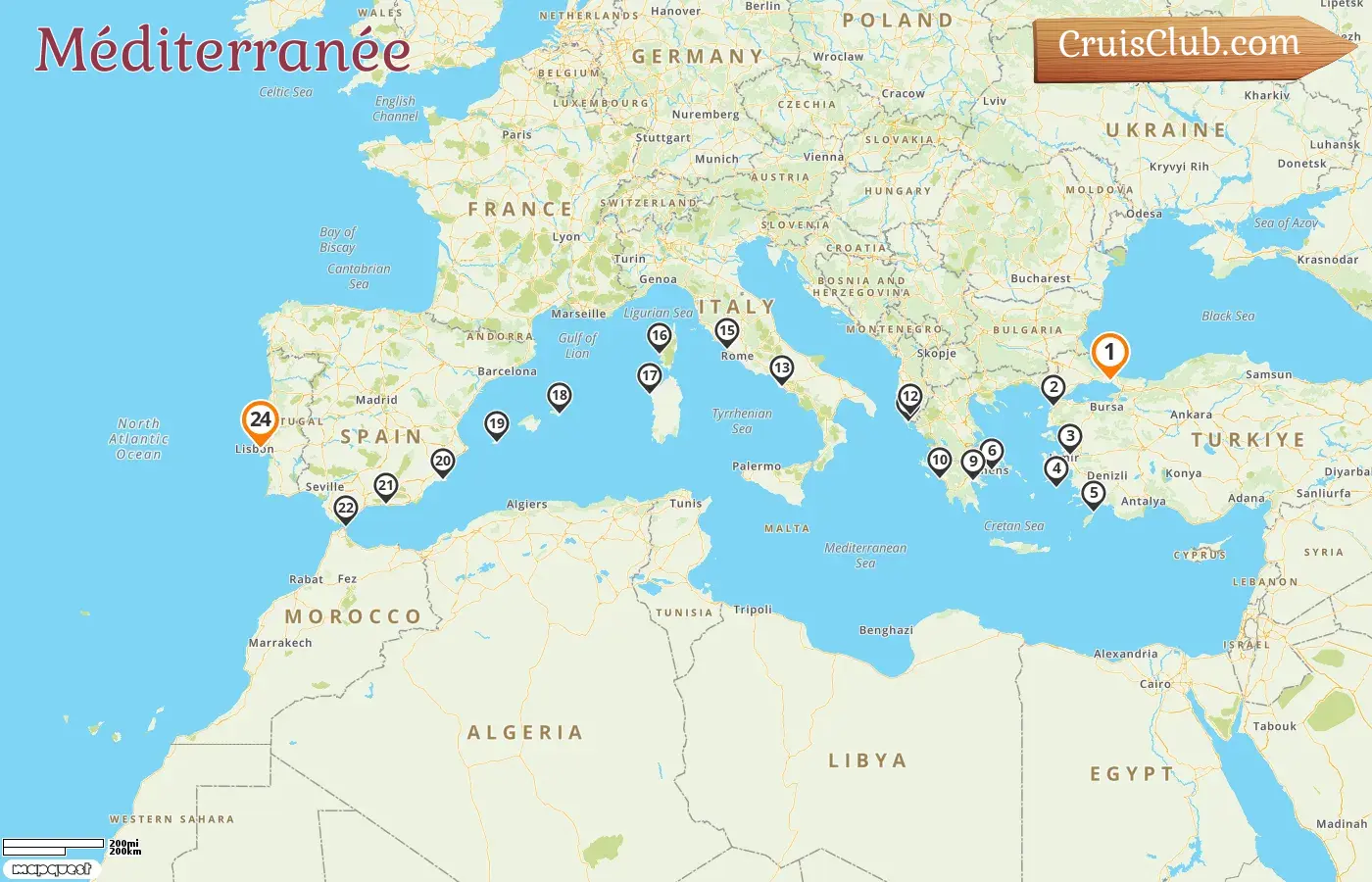 Croisière en Méditerranée d`Istanbul à Lisbonne à bord du navire Seabourn Quest avec escales en Turquie, Grèce, Albanie, Italie, France et Espagne pendant 24 jours