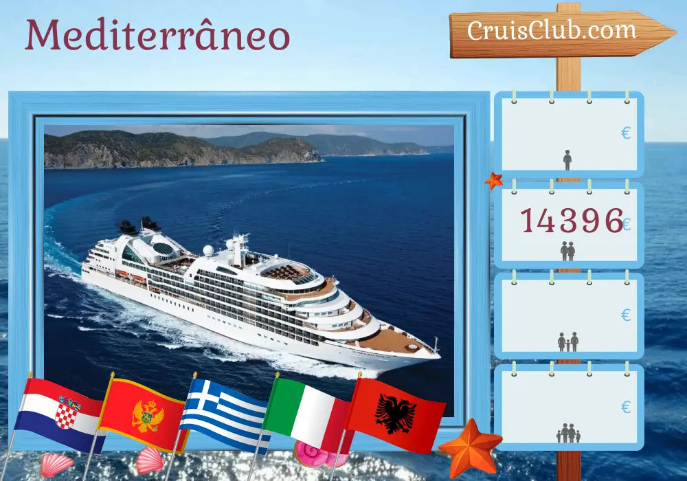Cruzeiro no Mediterrâneo de Dubrovnik a Pireu a bordo do navio Seabourn Quest com visitas à Croácia, Montenegro, Grécia, Itália e Albânia por 15 dias
