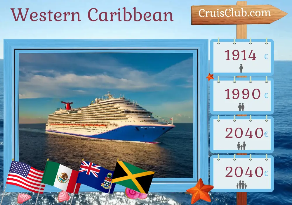 Cruise in the Western Caribbean from Galveston aboard Carnival Dream ship with visits to USA, Mexico, Cayman Islands, and Jamaica for 9 days