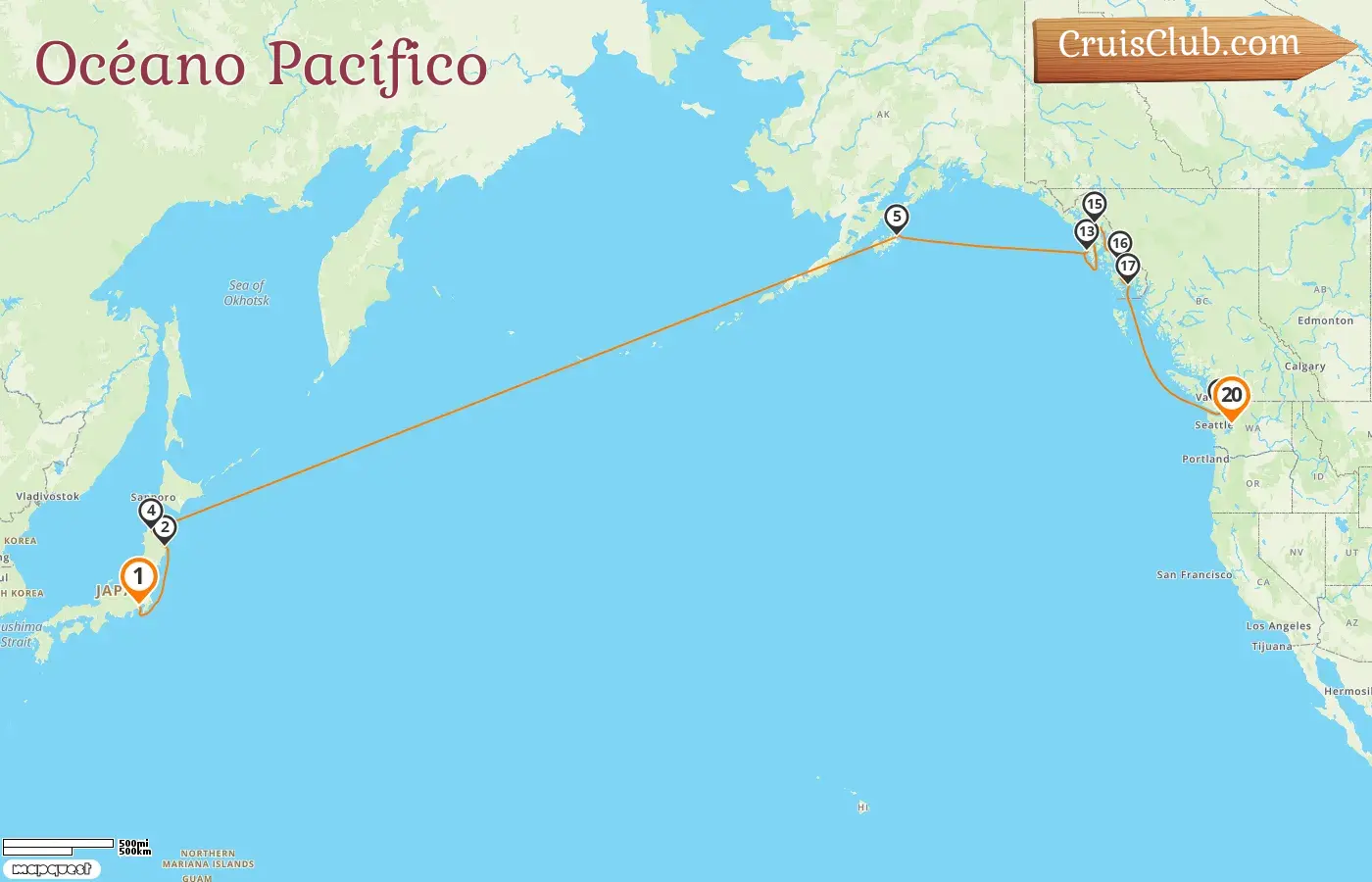 Crucero en el Océano Pacífico de Yokohama a Seattle a bordo del barco Silver Nova con visitas a Japón, Estados Unidos y Canadá durante 20 días