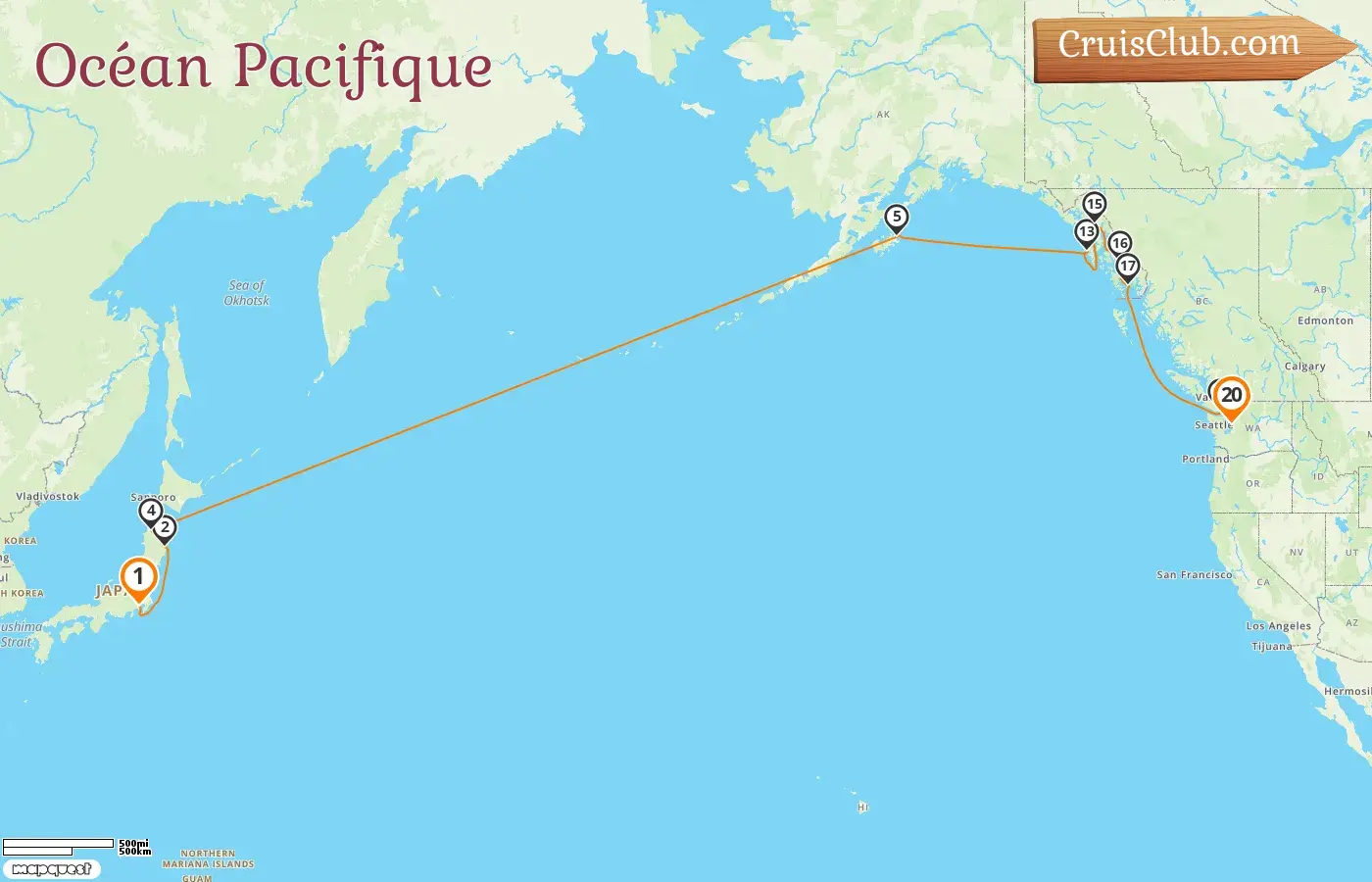 Croisière dans l`océan Pacifique de Yokohama à Seattle à bord du navire Silver Nova avec des visites au Japon, aux États-Unis et au Canada pendant 20 jours