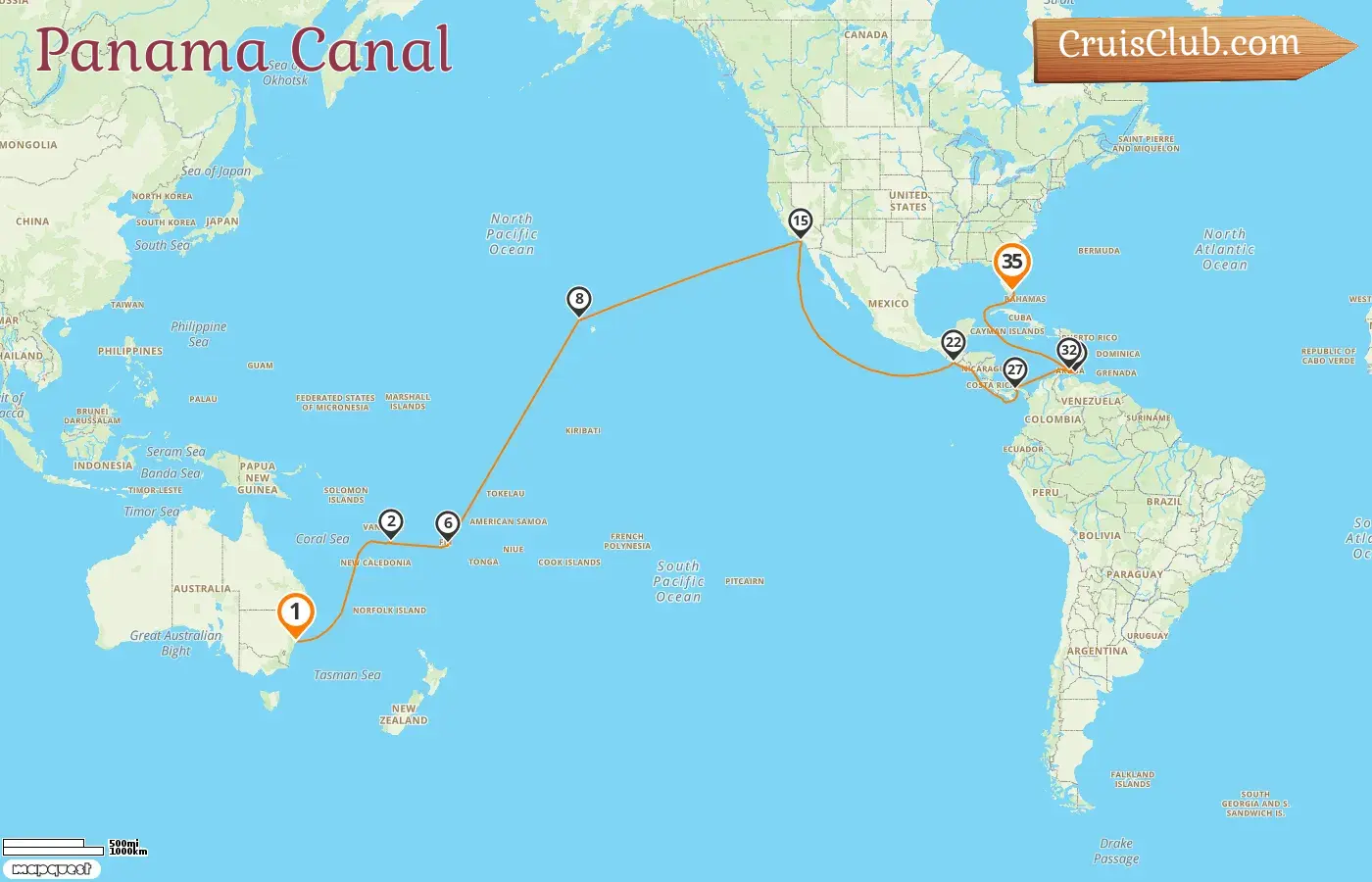 Cruise in the Panama Canal from Sydney to Miami aboard Queen Anne ship with visits to Australia, Vanuatu, Fiji, USA, Guatemala, Panama, Curaçao, and Aruba for 35 days