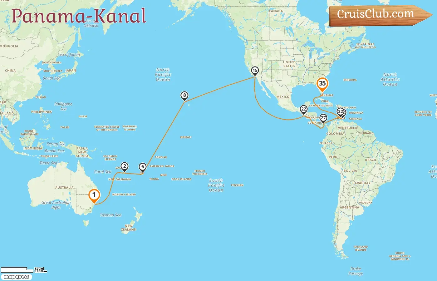 Kreuzfahrt im Panamakanal von Sydney nach Miami an Bord des Schiffes Queen Anne mit Stopps in Australien, Vanuatu, Fidschi, USA, Guatemala, Panama, Curaçao und Aruba für 35 Tage