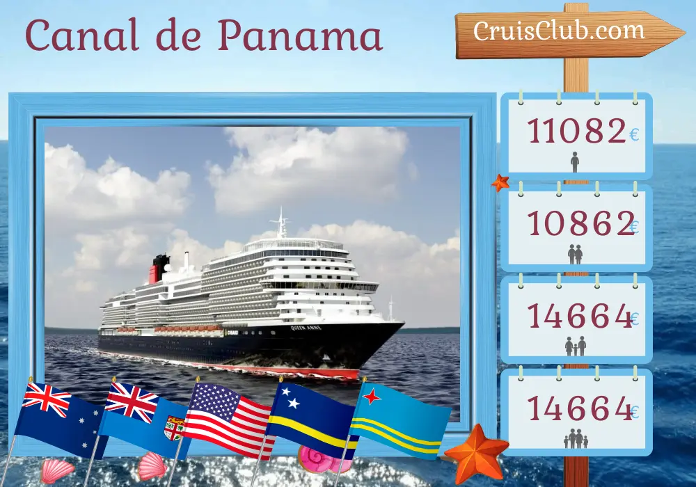 Croisière dans le canal de Panama de Sydney à Miami à bord du navire Queen Anne avec des visites en Australie, au Vanuatu, aux Fidji, aux États-Unis, au Guatemala, au Panama, à Curaçao et à Aruba pendant 35 jours