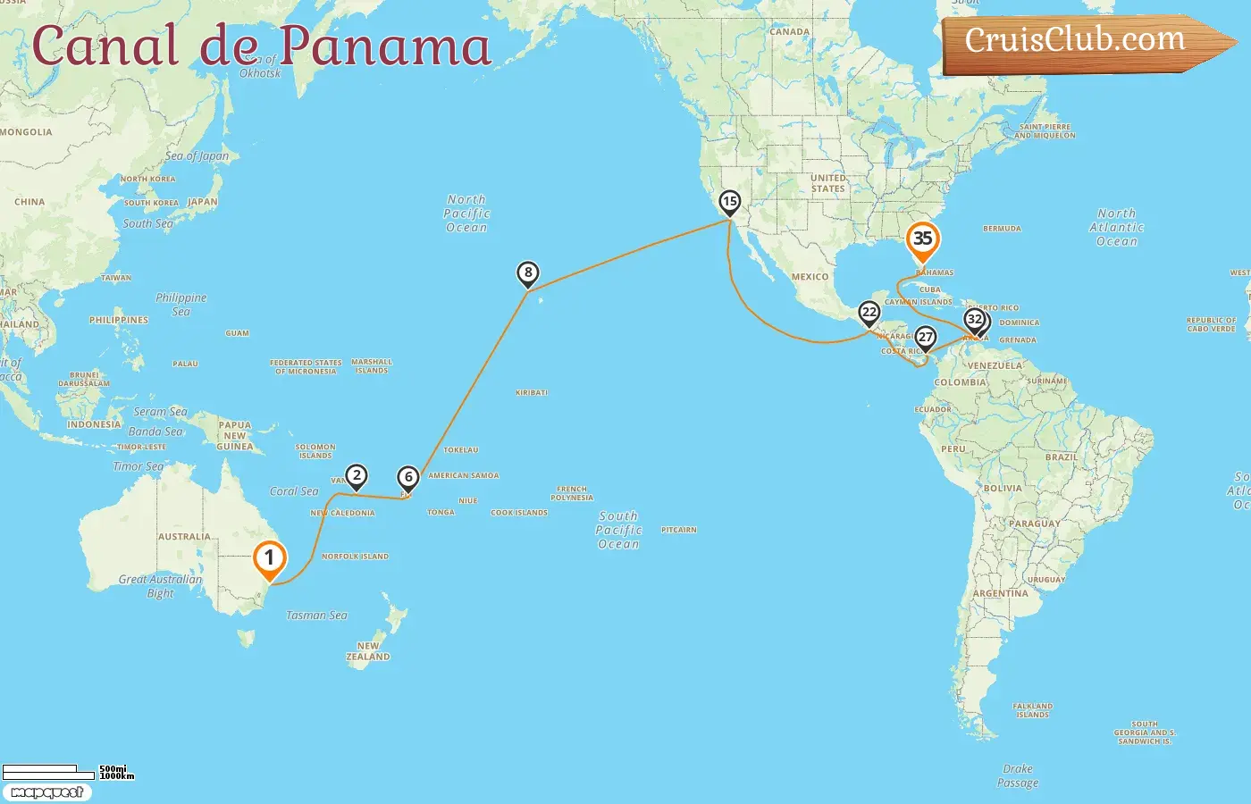 Croisière dans le canal de Panama de Sydney à Miami à bord du navire Queen Anne avec des visites en Australie, au Vanuatu, aux Fidji, aux États-Unis, au Guatemala, au Panama, à Curaçao et à Aruba pendant 35 jours