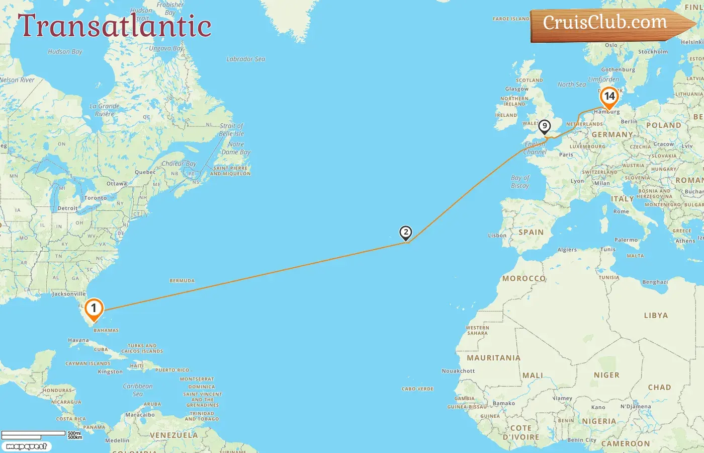 Cruise in the Transatlantic from Miami to Hamburg aboard Queen Anne ship with visits to USA, Portugal, and Germany for 14 days