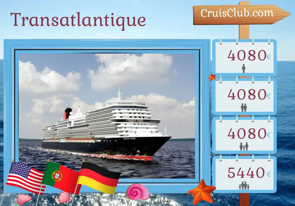 Croisière transatlantique de Miami à Hambourg à bord du Queen Anne avec visites aux États-Unis, au Portugal et en Allemagne pendant 14 jours