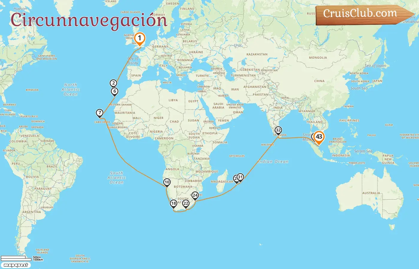 Crucero por el mundo desde Southampton a Singapur a bordo del Queen Anne con visitas a España, Namibia, Sudáfrica, Reunión, Mauricio, Sri Lanka, Malasia y Singapur durante 43 días