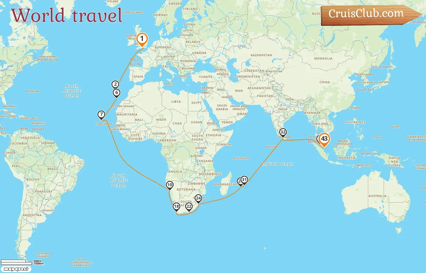 Weltreise-Kreuzfahrt von Southampton nach Singapur an Bord des Schiffes Queen Anne mit Stopps in Spanien, Namibia, Südafrika, Réunion, Mauritius, Sri Lanka, Malaysia und Singapur für 43 Tage