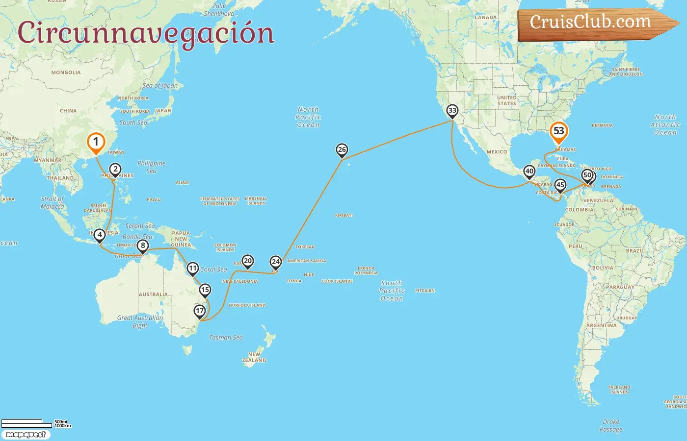 Crucero en el viaje por el mundo desde Hong Kong hasta Miami a bordo del barco Queen Anne con visitas a Hong Kong, Filipinas, Indonesia, Australia, Vanuatu, Fiji, Estados Unidos, Guatemala, Panamá, Curazao y Aruba durante 53 días