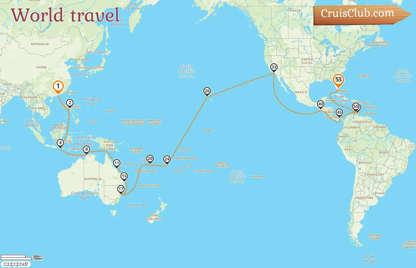 Kreuzfahrt in die Weltreise von Hongkong nach Miami an Bord des Schiffes Queen Anne mit Stopps in Hongkong, den Philippinen, Indonesien, Australien, Vanuatu, Fidschi, den USA, Guatemala, Panama, Curaçao und Aruba für 53 Tage