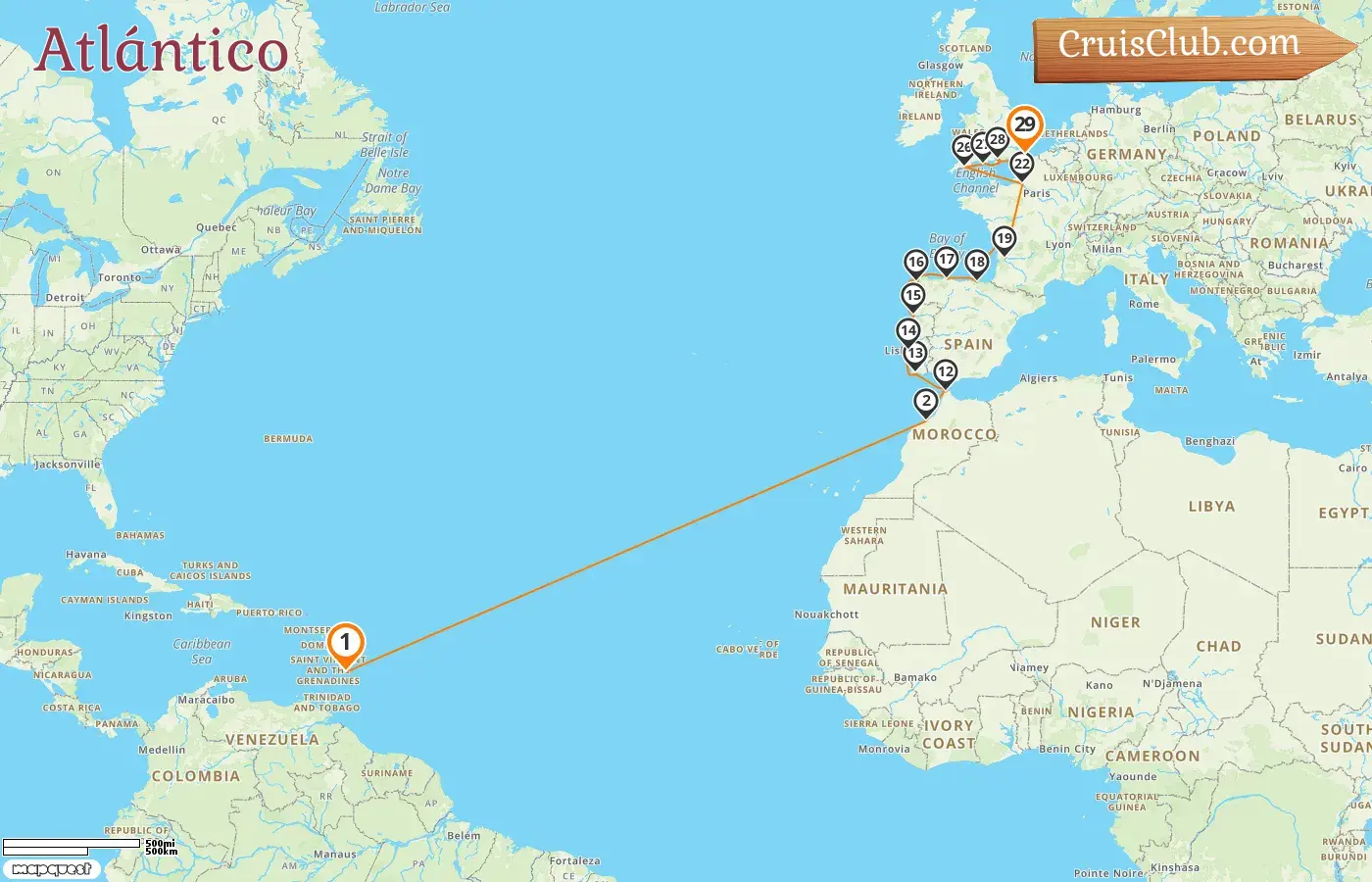 Crucero en el Transatlántico de Bridgetown a Dover a bordo del barco Seabourn Ovation con visitas a Barbados, Marruecos, Portugal, España y Francia durante 29 días