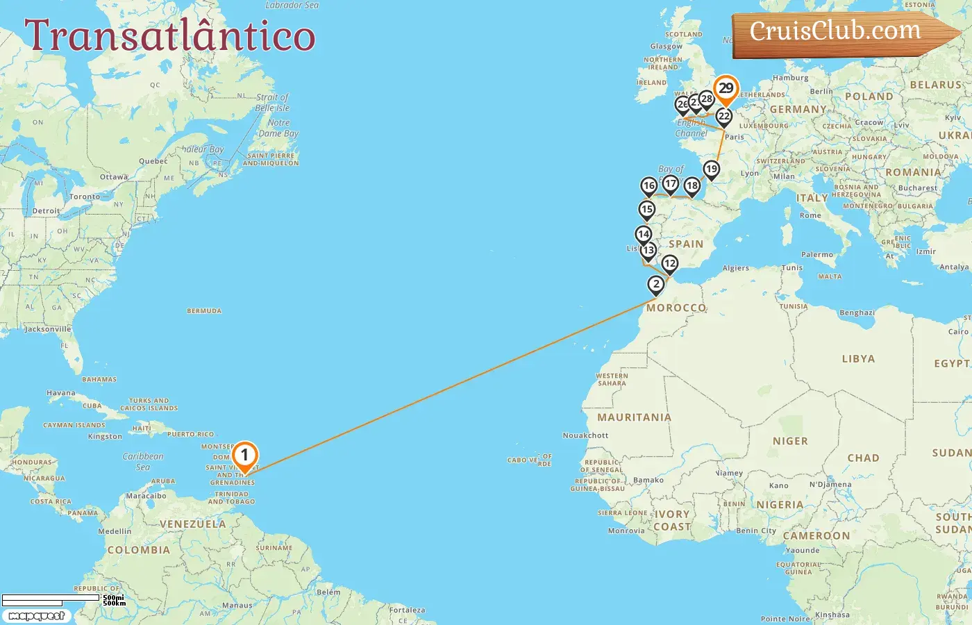 Cruzeiro no Transatlântico de Bridgetown para Dover a bordo do navio Seabourn Ovation com visitas a Barbados, Marrocos, Portugal, Espanha e França durante 29 dias