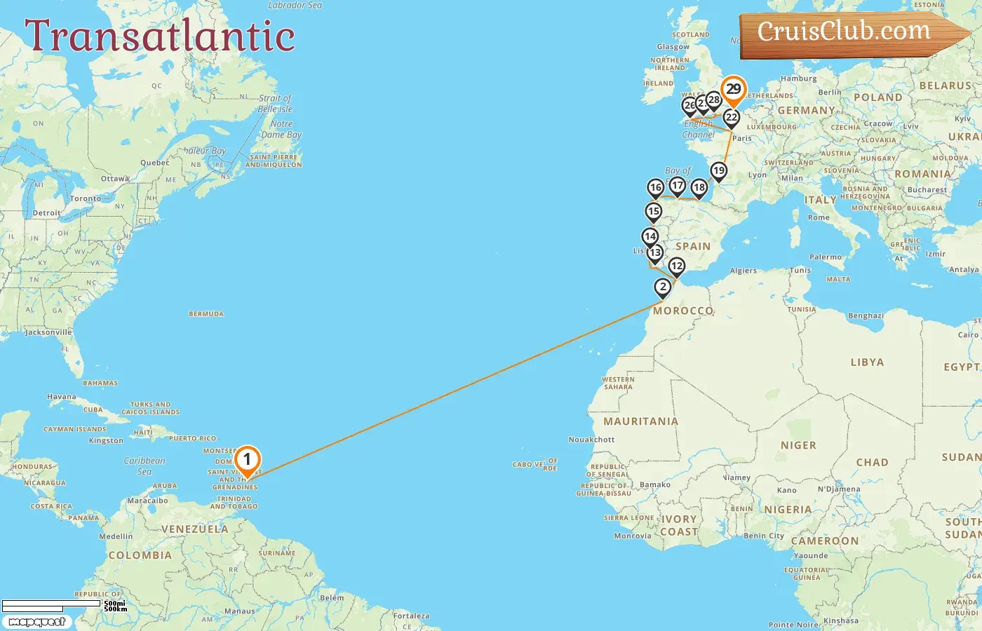 Cruise in the Transatlantic from Bridgetown to Dover aboard Seabourn Ovation ship with visits to Barbados, Morocco, Portugal, Spain, and France for 29 days