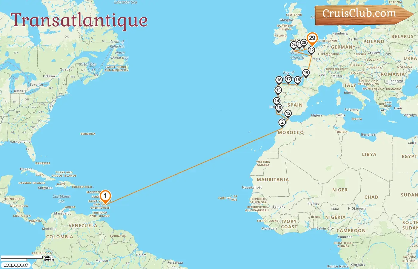 Croisière transatlantique de Bridgetown à Douvres à bord du navire Seabourn Ovation avec des escales à la Barbade, au Maroc, au Portugal, en Espagne et en France pendant 29 jours