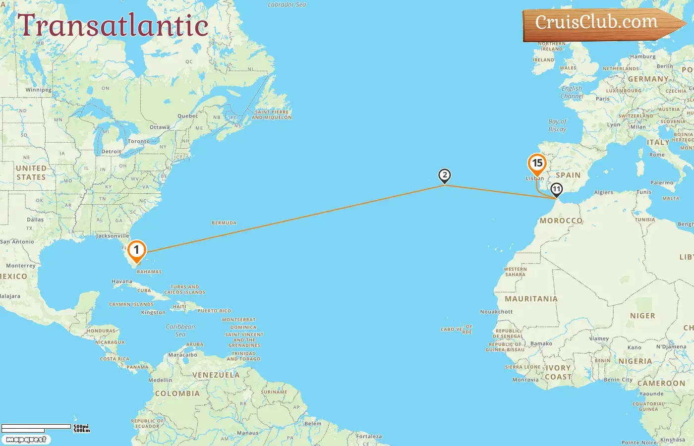 Cruise in the Transatlantic from Miami to Lisbon aboard Seabourn Quest ship with visits to USA, Portugal, and Morocco for 15 days