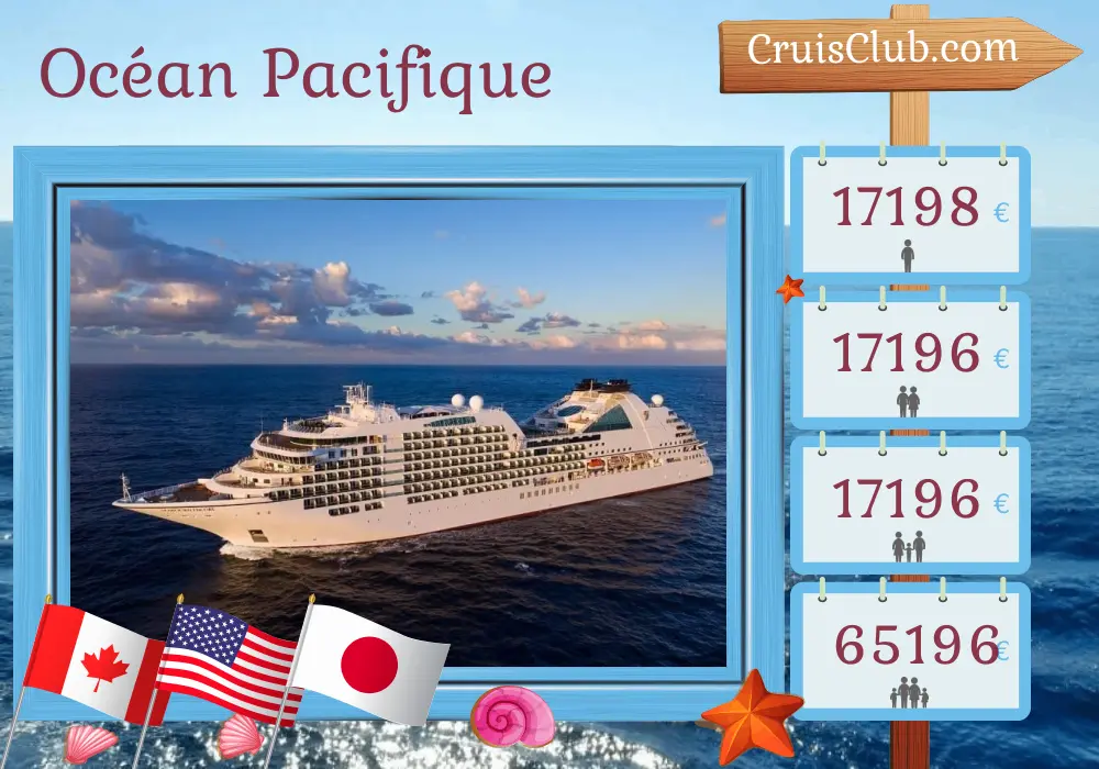 Croisière dans l`océan Pacifique de Vancouver à Yokohama à bord du navire Seabourn Encore avec des visites au Canada, aux États-Unis et au Japon pendant 22 jours