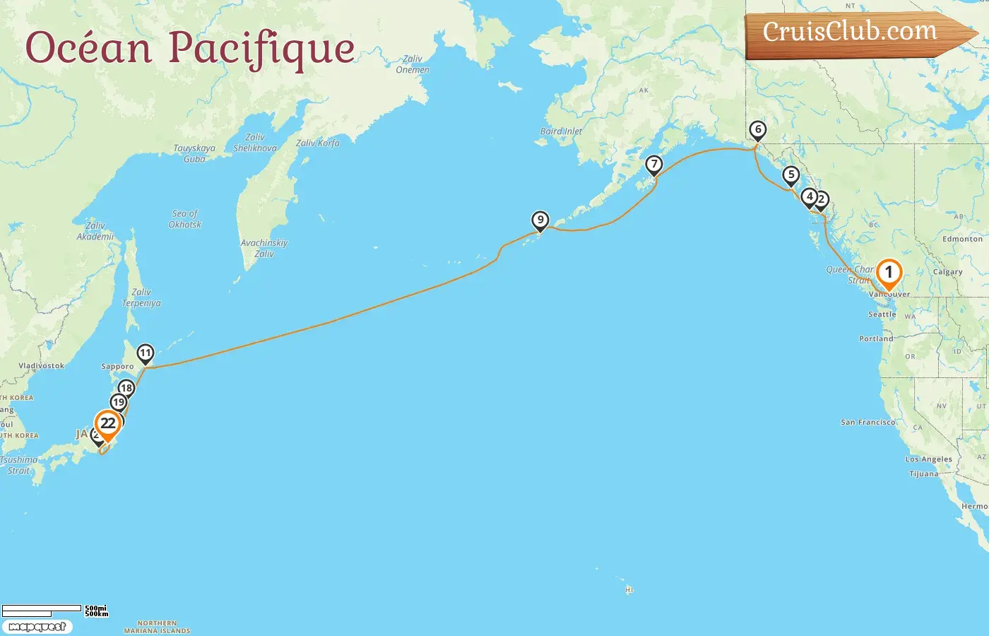 Croisière dans l`océan Pacifique de Vancouver à Yokohama à bord du navire Seabourn Encore avec des visites au Canada, aux États-Unis et au Japon pendant 22 jours