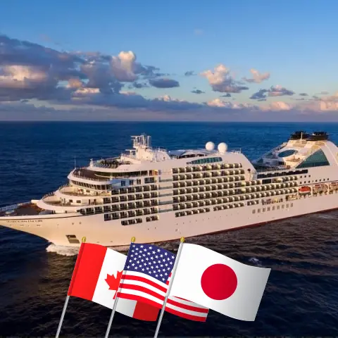 Cruise in the Pacific Ocean from Vancouver to Yokohama aboard Seabourn Encore ship with visits to Canada, USA, and Japan for 22 days