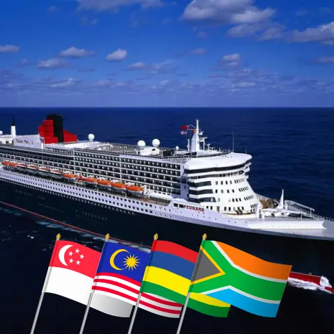 Cruise in the Africa from Singapore to Cape Town aboard Queen Mary 2 ship with visits to Singapore, Malaysia, Mauritius, and South Africa for 17 days