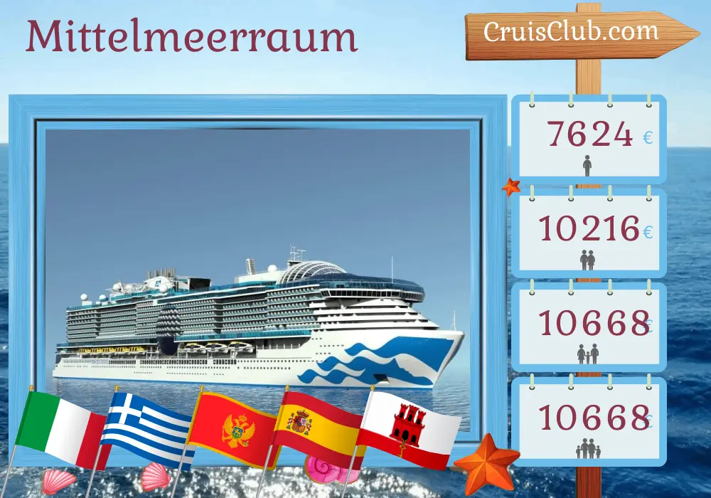 Kreuzfahrt im Mittelmeer von Civitavecchia an Bord des Schiffes Sun Princess mit Stopps in Italien, Griechenland, der Türkei, Montenegro, Spanien und Gibraltar für 22 Tage