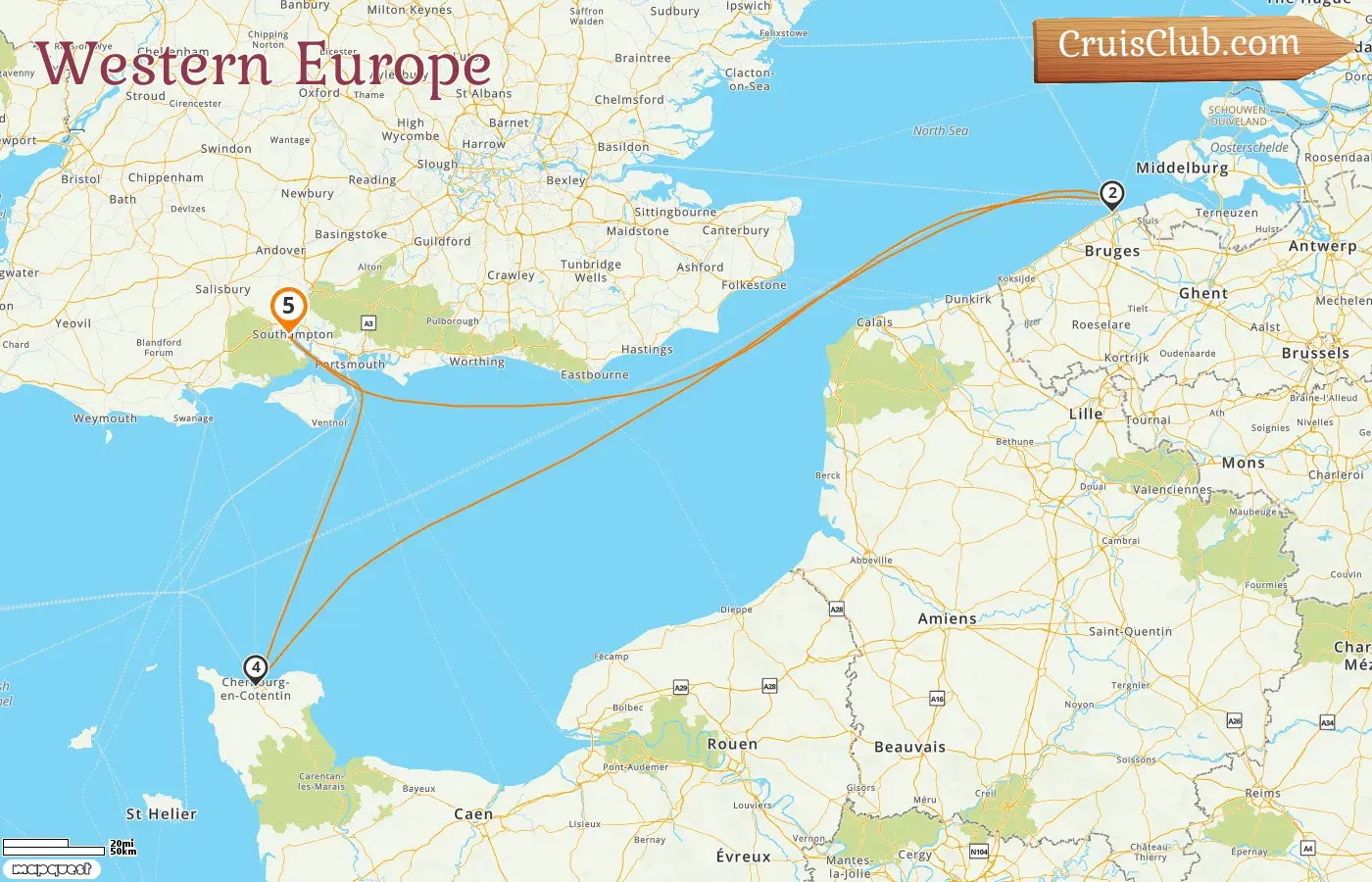Cruise in the Western Europe from Southampton aboard Queen Victoria ship with visits to Belgium and France for 5 days
