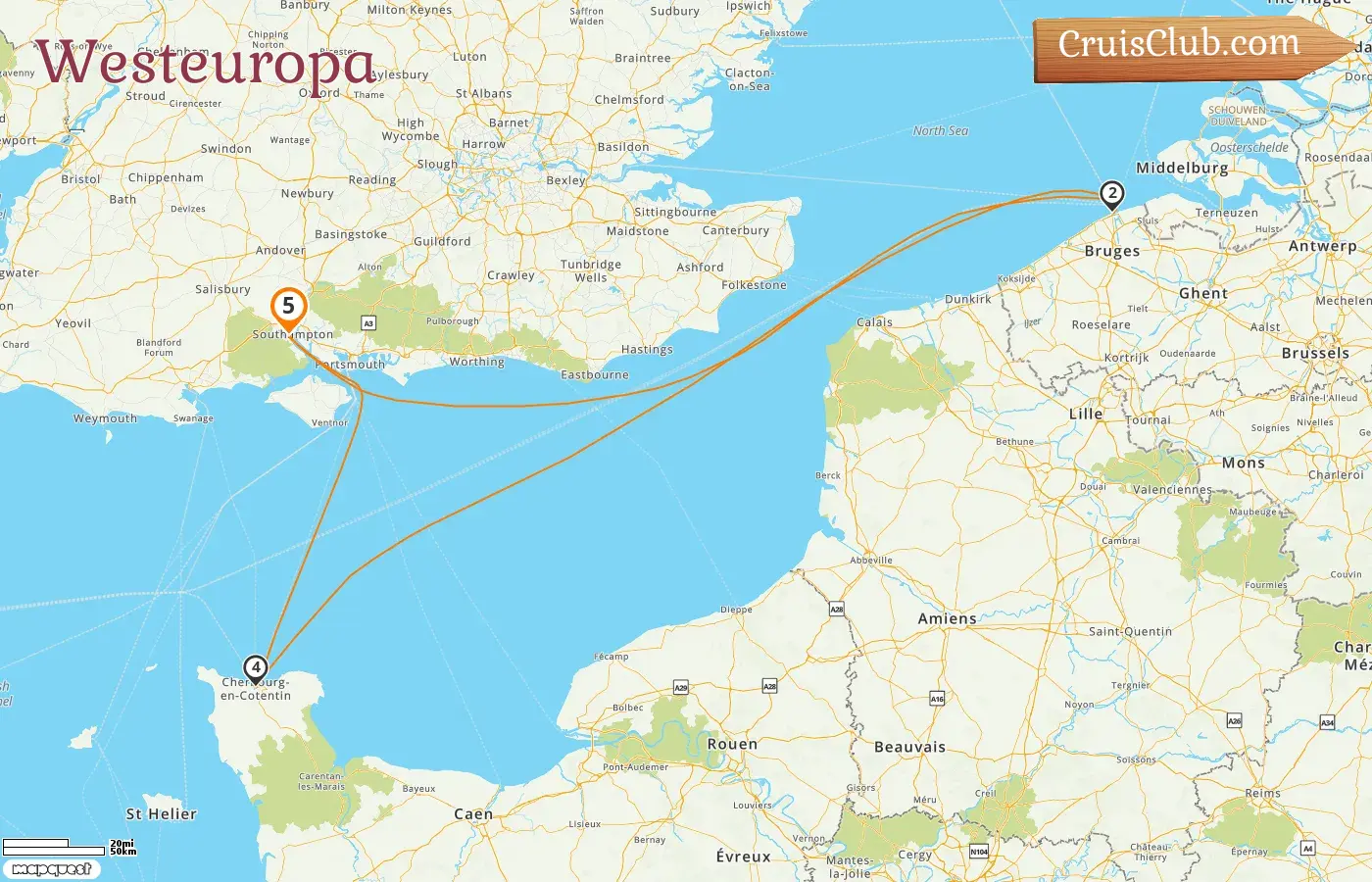 Kreuzfahrt im westlichen Europa ab Southampton an Bord des Schiffes Queen Victoria mit Stopps in Belgien und Frankreich für 5 Tage