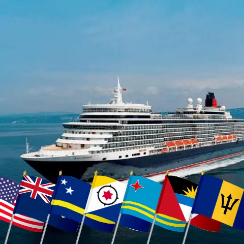 Cruise in the Caribbean from Miami aboard Queen Elizabeth ship with visits to USA, Curaçao, Aruba, Puerto Rico, and Barbados for 22 days