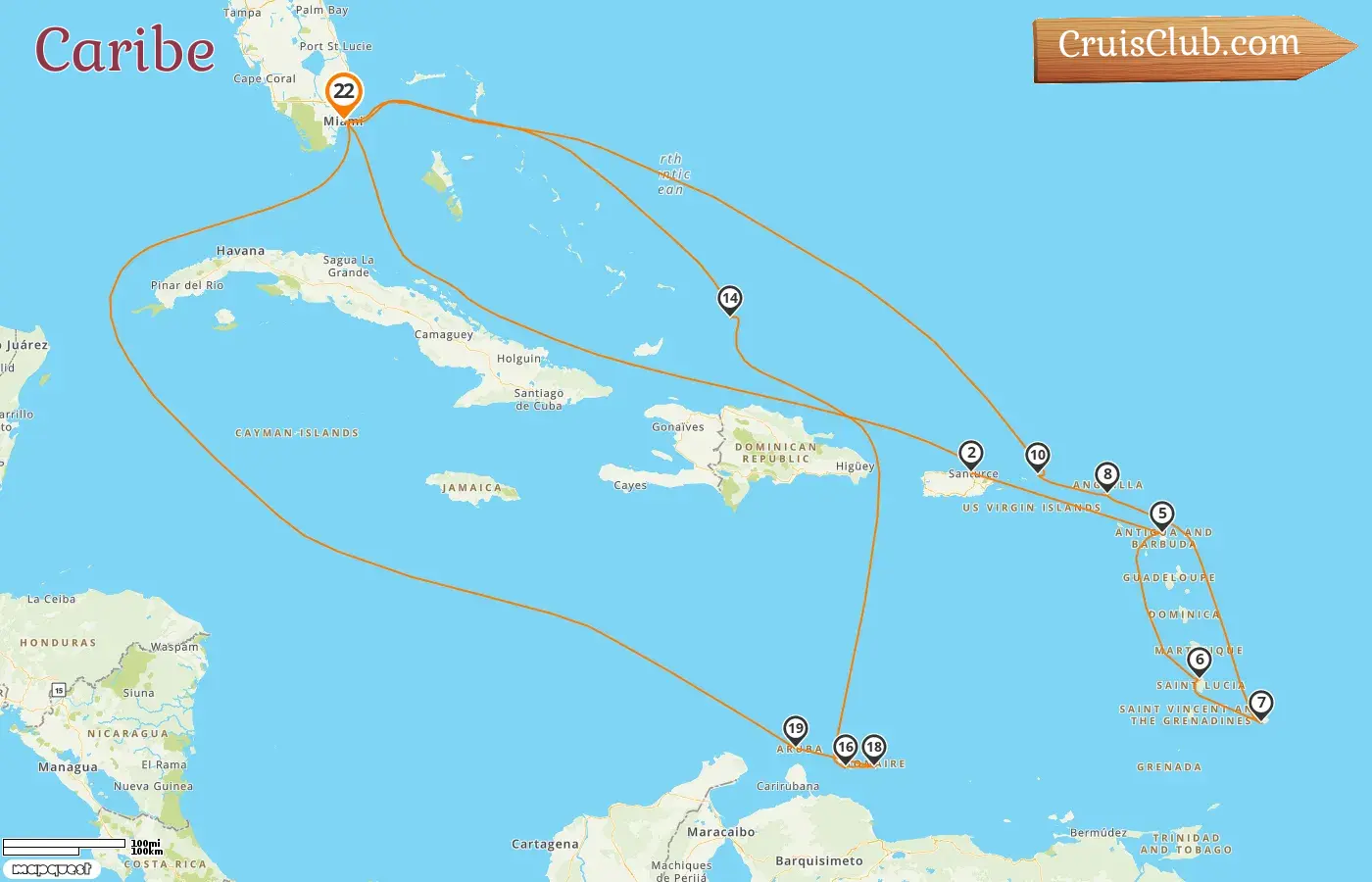 Crucero por el Caribe desde Miami a bordo del barco Queen Elizabeth con visitas a EE. UU., Puerto Rico, Barbados, Curazao y Aruba durante 22 días