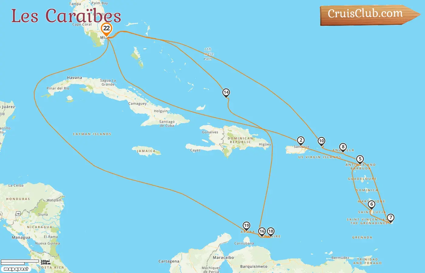 Croisière dans les Caraïbes au départ de Miami à bord du navire Queen Elizabeth avec des escales aux États-Unis, à Porto Rico, à la Barbade, à Curaçao et à Aruba pendant 22 jours