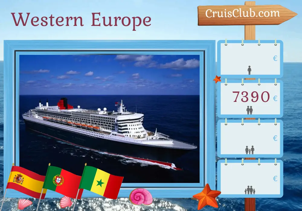 Cruise in the Western Europe from Southampton aboard Queen Mary 2 ship with visits to Spain, Portugal, and Senegal for 22 days