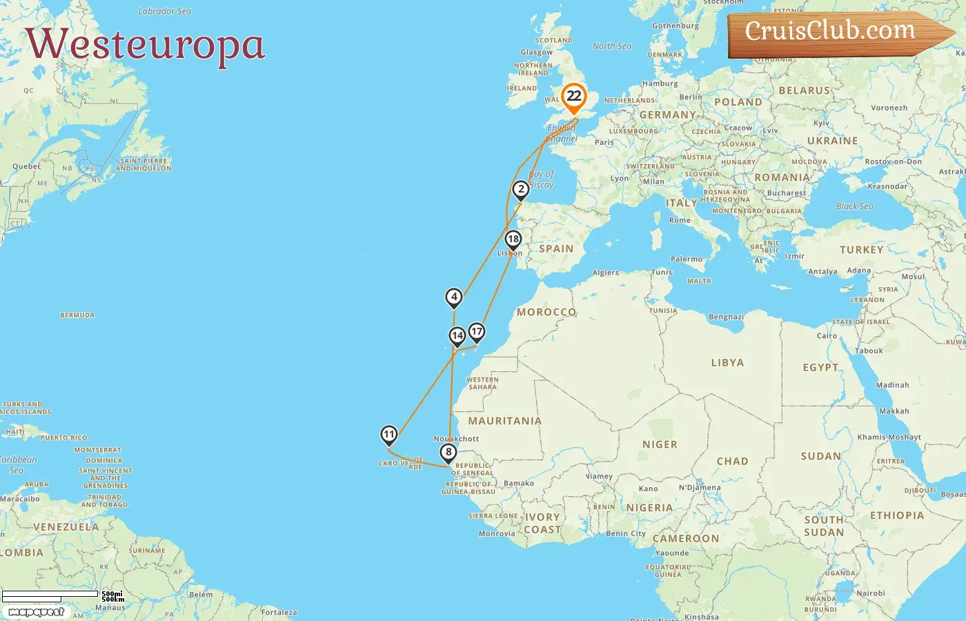 Kreuzfahrt im westlichen Europa ab Southampton an Bord des Schiffes Queen Mary 2 mit Besuchen in Spanien, Portugal und Senegal für 22 Tage