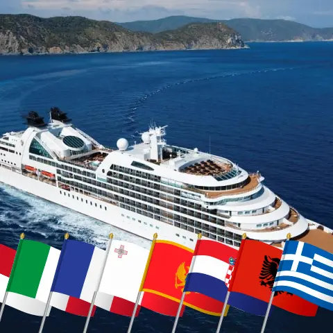 Cruise in the Mediterranean from Monte Carlo to Piraeus aboard Seabourn Quest ship with visits to Monaco, Italy, France, Malta, Montenegro, Croatia, Albania, and Greece for 18 days