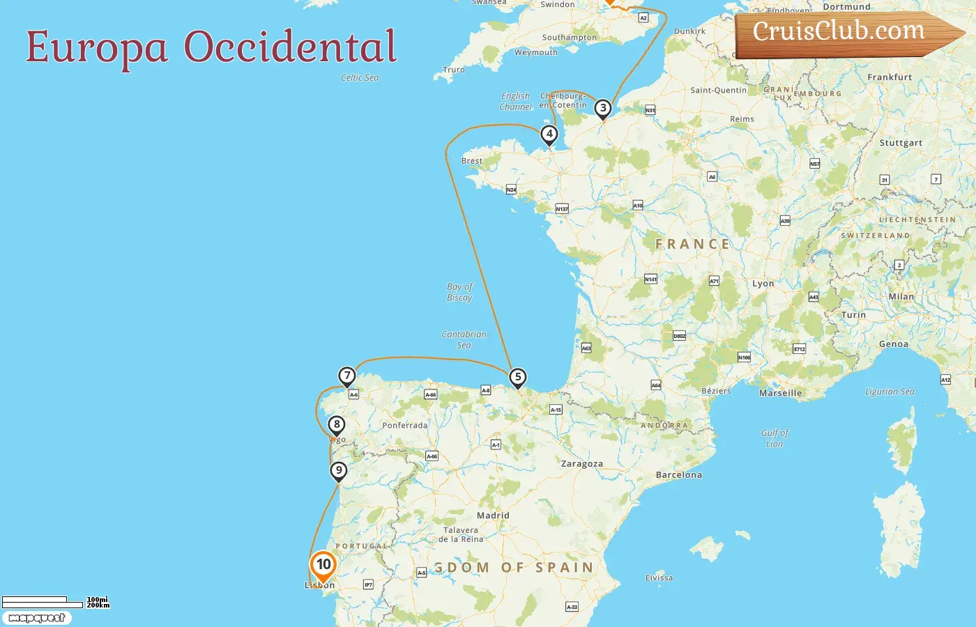 Crucero por Europa Occidental de Londres a Lisboa a bordo del barco Le Champlain con visitas a Francia y España durante 10 días